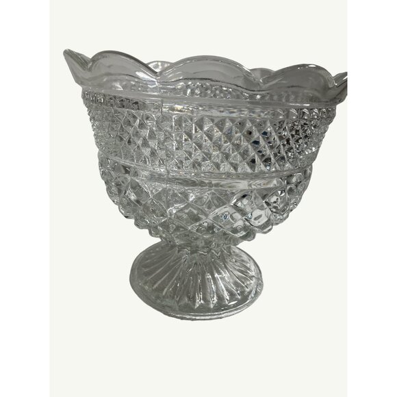 Clear Cut Glass Pedestal Bowl 8" across 7" Tall, Scalloped Edge Vintage - Picture 4 of 14